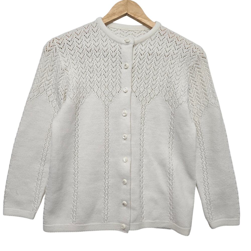 Womens Vintage 70s Cottage Dainty Feminine Soft Pointelle Open Knit Cardigan S